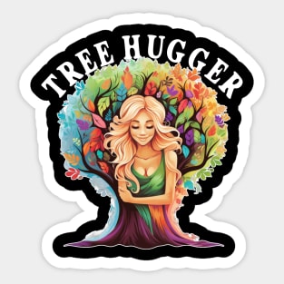 Tree Hugger Woman Hugging Tree Rainbow Colors Nature Lover Sticker